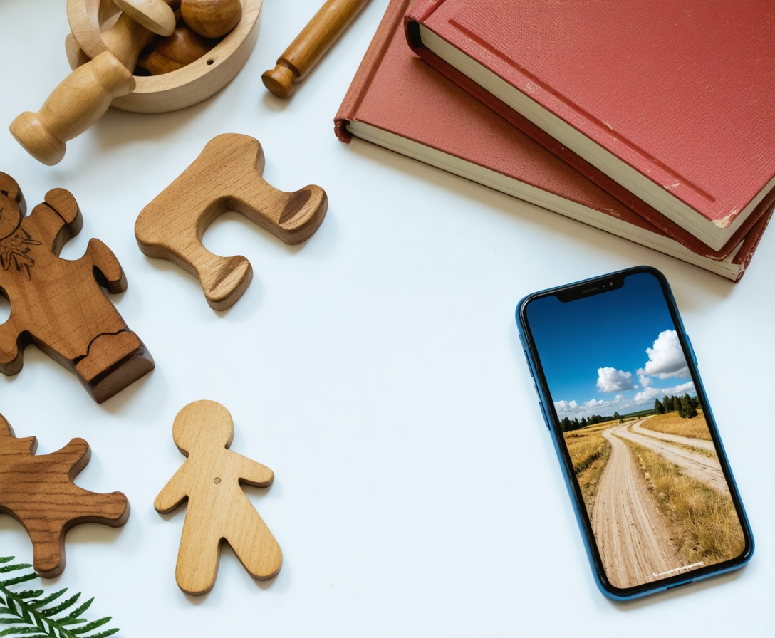 Tradičné slovenské drevené hračky vedľa moderných marketingových kníh na stole v Bratislave