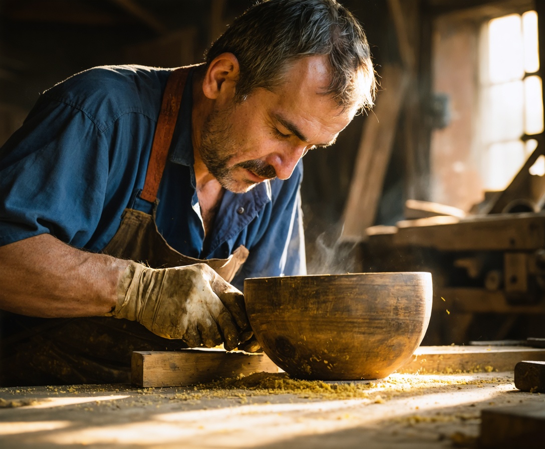 Slovenský stolár precízne opracúva drevo vo svojej slnečnej dielni v Bratislave
