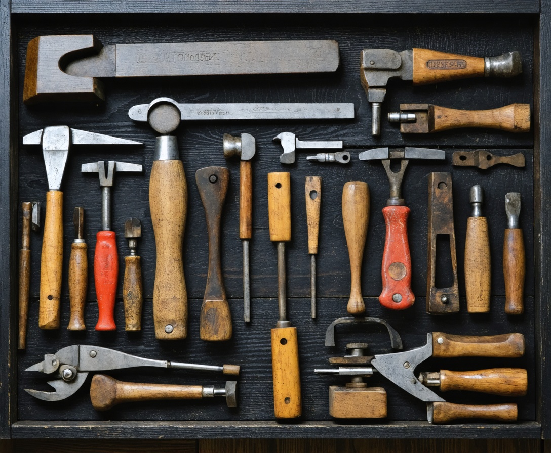 Kolekcia tradičných stolárskych nástrojov na drevenom podklade